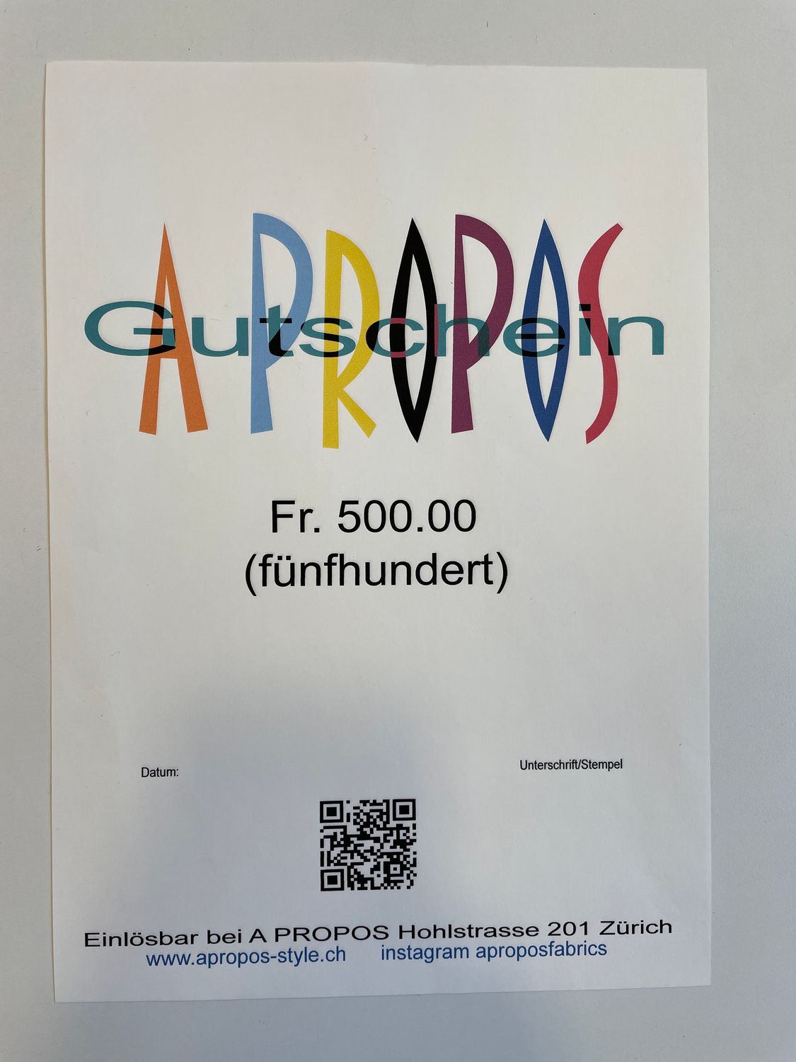 Fr. 500.00 Gutschein
