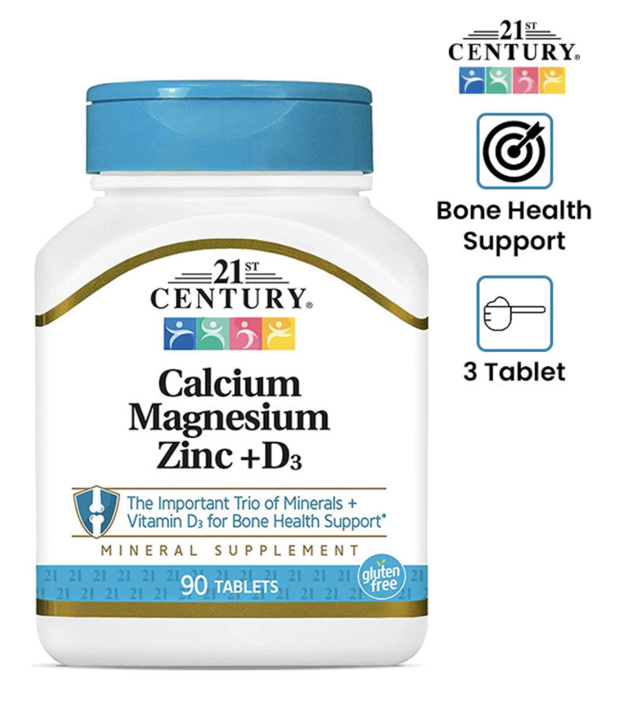 Calcium Magnesium Zinc + D3 Mineral Supplement - 90 Tablets 21st Century 