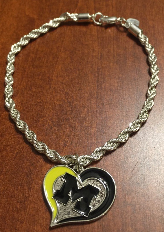 Michigan Wolverines Swirl Heart Silver Twisted Rope Bracelet - 8 inches
