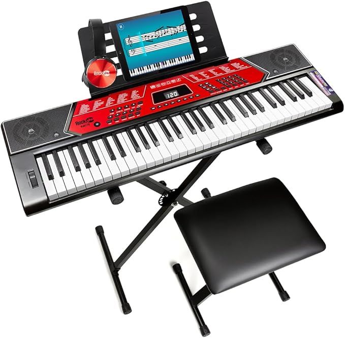 RockJam 61 Key Keyboard Piano With Pitch Bend Kit, Keyboard Stand, Piano Bench, Headphones, Simply Piano App and Keynote Stickers, Black