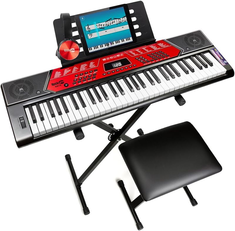 RockJam 61 Key Keyboard Piano With Pitch Bend Kit, Keyboard Stand, Piano Bench, Headphones, Simply Piano App and Keynote Stickers, Black