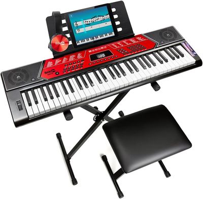 RockJam 61 Key Keyboard Piano With Pitch Bend Kit, Keyboard Stand, Piano Bench, Headphones, Simply Piano App and Keynote Stickers, Black