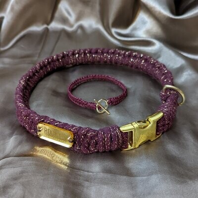 Handmade Macramé Dog Collar and Matching Bracelet in Golden Blackberry