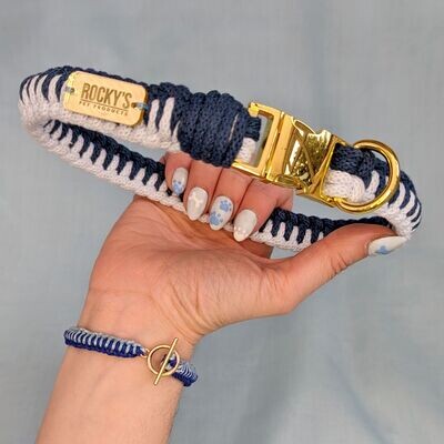Handmade Macramé Dog Collar and Friendship Bracelet in Blue