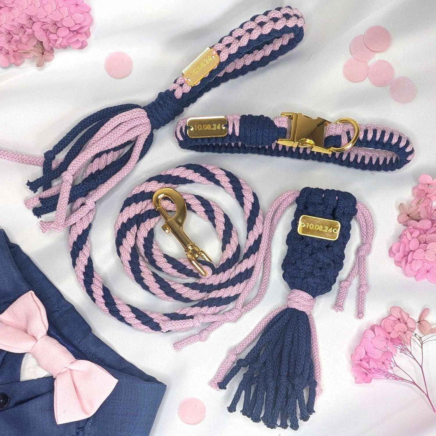 Handmade Custom Colour Scheme Wedding Dog Lead Set, Luxury Occasion Dog Accessories Set with Custom Date Tag