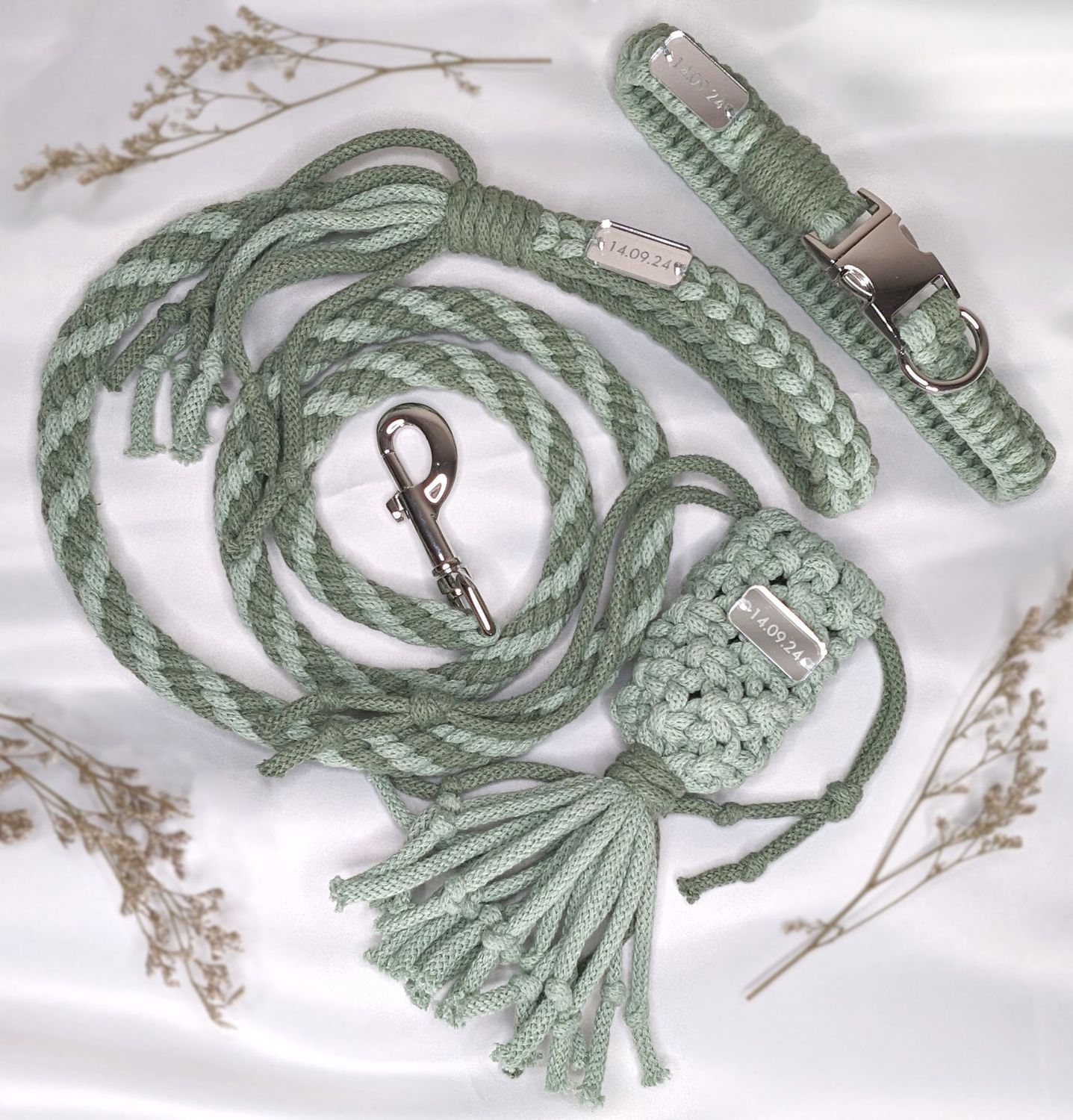 Handmade Custom Colour Scheme Wedding Dog Lead Set, Luxury Occasion Dog Accessories Set with Custom Date Tag