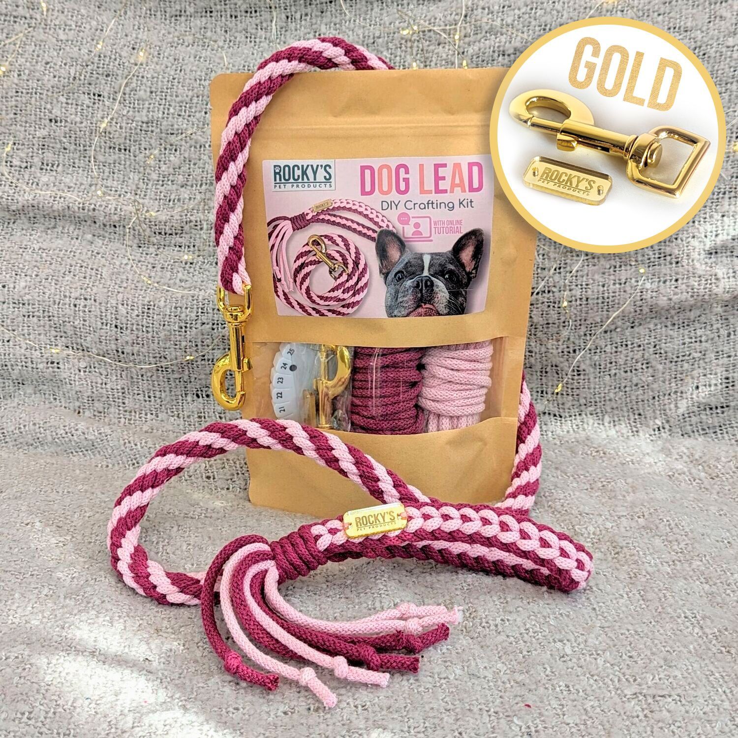 GOLD Hardware - Make Your Own Dog Lead Craft Kit - PINK