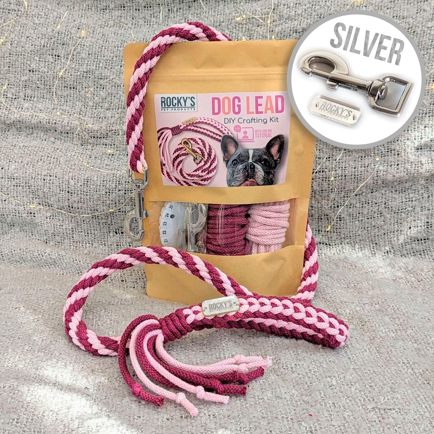 SILVER hardware - Make Your Own Dog Lead Craft Kit - PINK