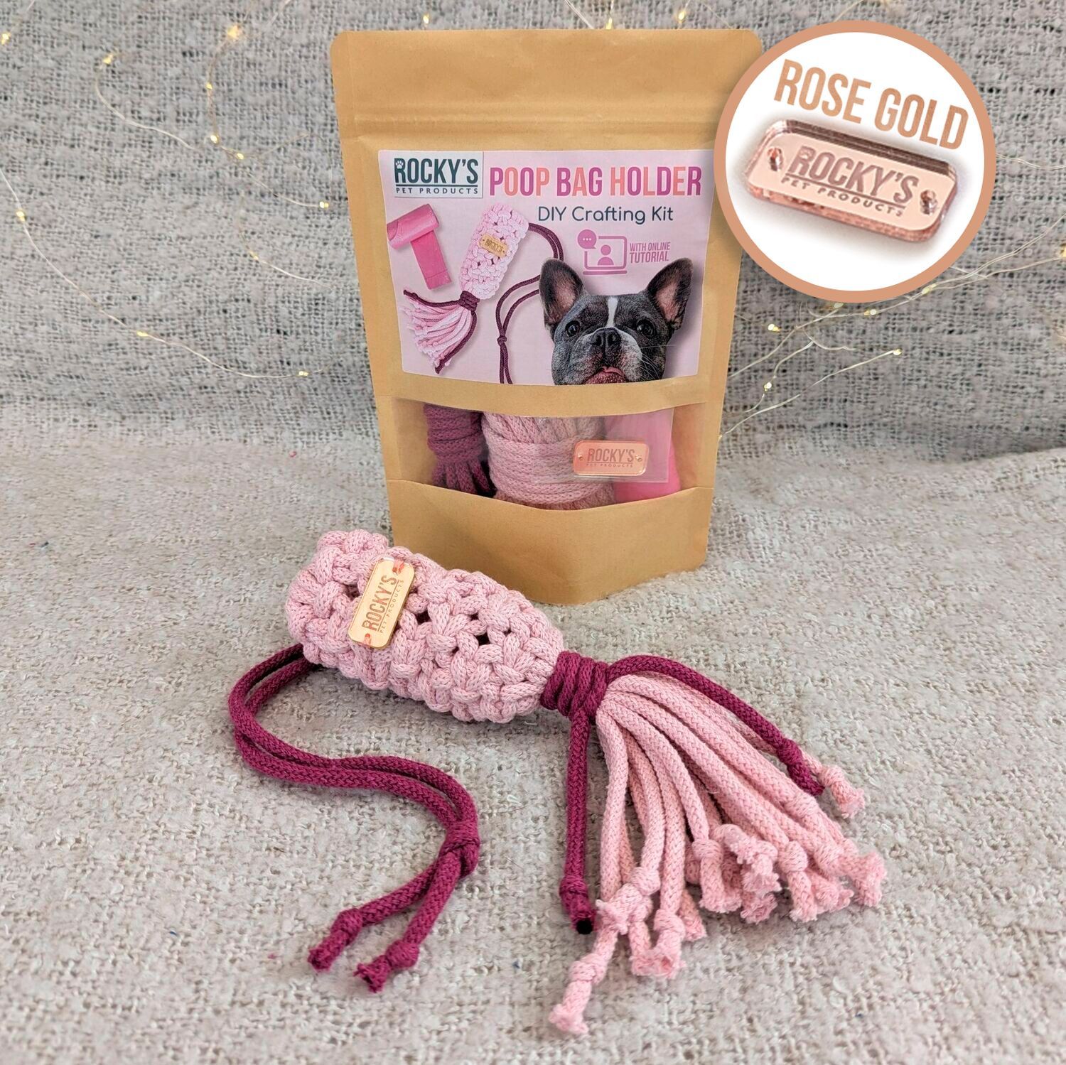 ROSE GOLD tag - Make Your Own Macramé Poop Bag Holder Craft Kit - PINK
