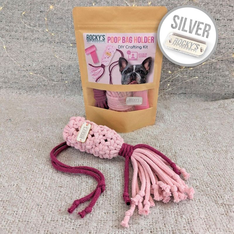 SILVER tag - Make Your Own Macramé Poop Bag Holder Craft Kit - PINK