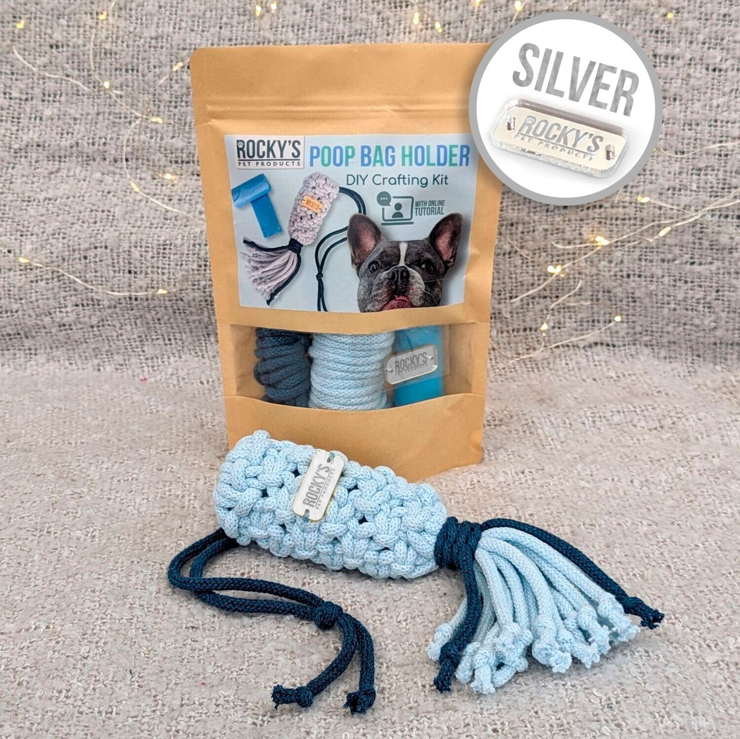 SILVER tag - Make Your Own Macramé Poop Bag Holder Craft Kit - BLUE