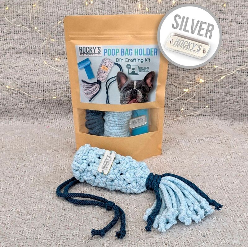SILVER tag - Make Your Own Macramé Poop Bag Holder Craft Kit - BLUE