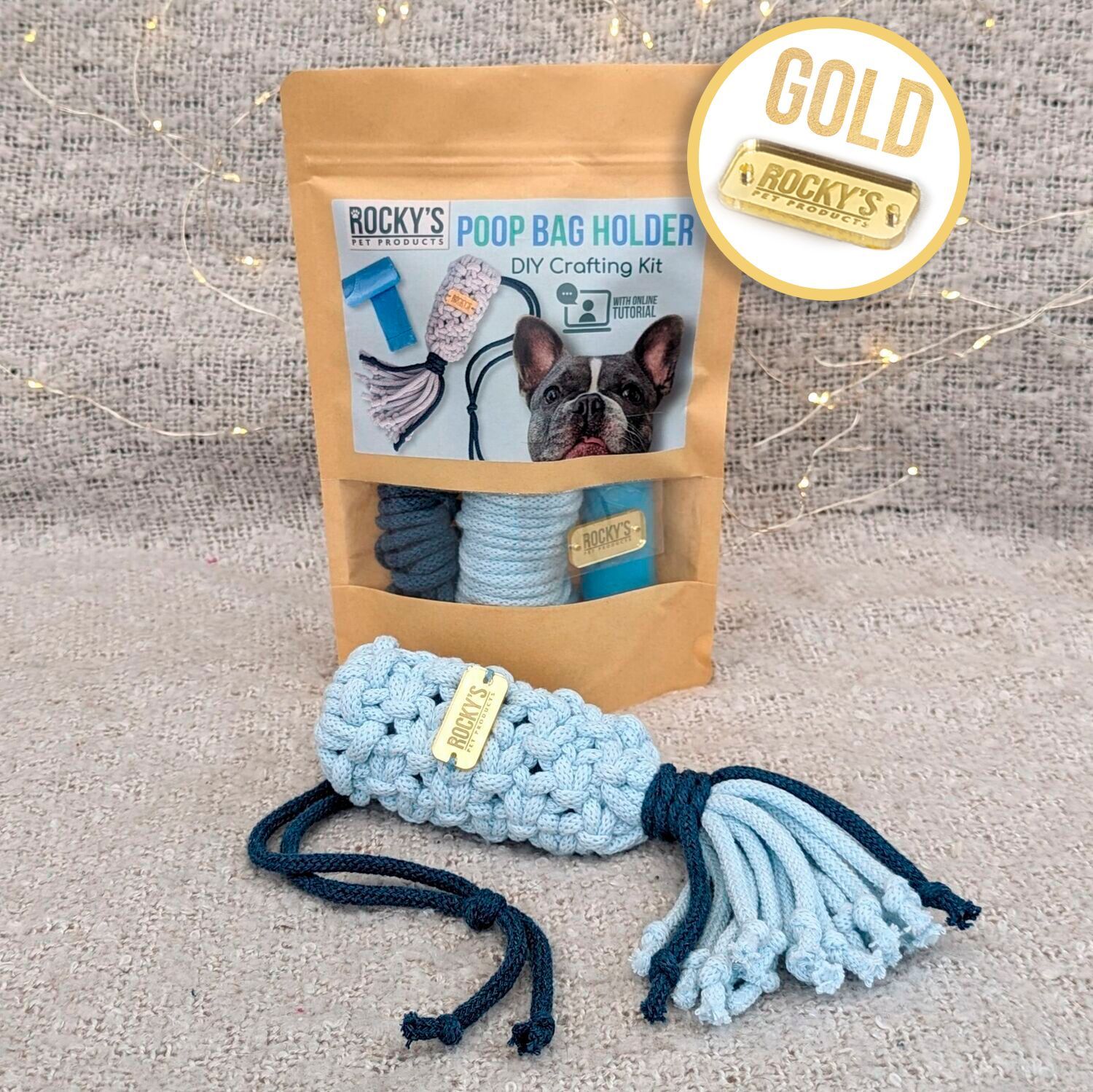 GOLD tag - Make Your Own Macramé Poop Bag Holder Craft Kit - BLUE