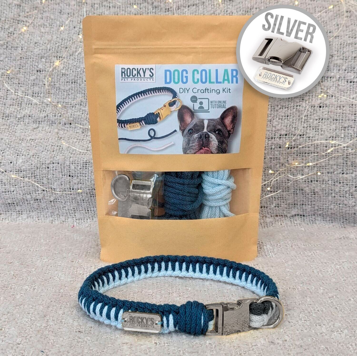SILVER Hardware - Make Your Own Dog Collar Craft Kit - BLUE