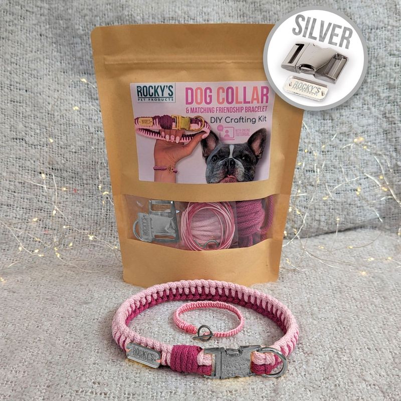 SILVER Hardware - Make Your Own Dog Collar with Friendship Bracelet Craft Kit - PINK