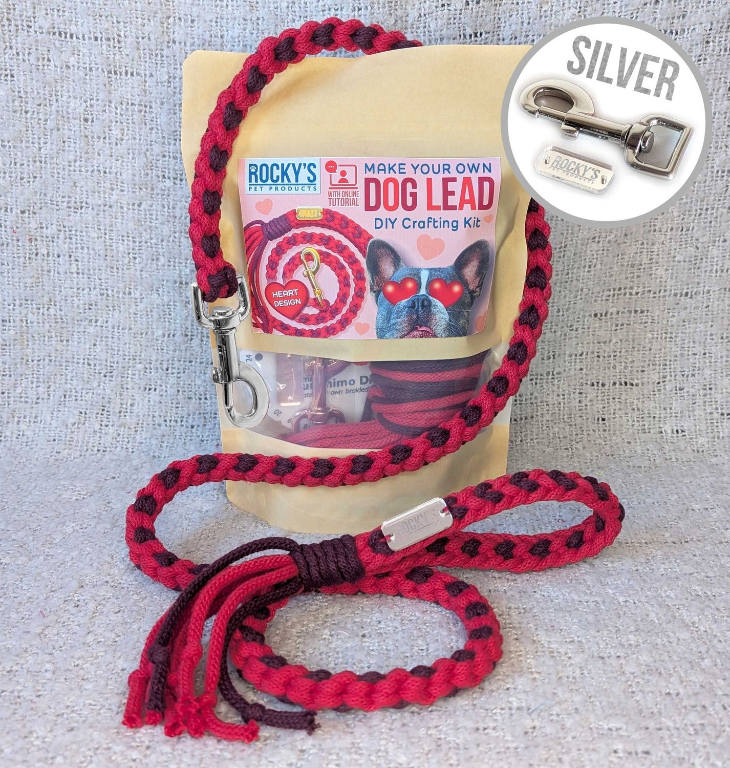 SILVER Hardware - Make Your Own Dog Lead Craft Kit - Valentine's Day Heart Pattern