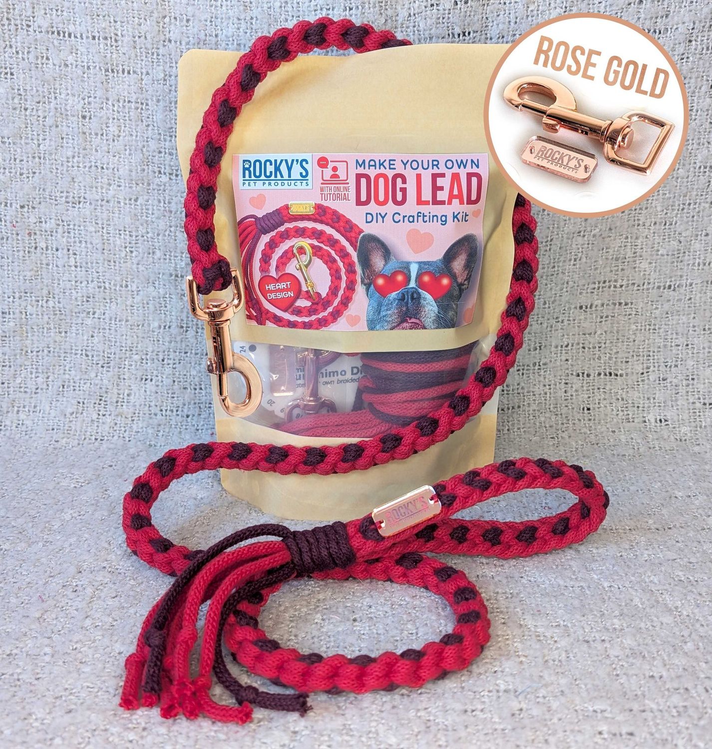 ROSE GOLD Hardware - Make Your Own Dog Lead Craft Kit - Valentine's Day Heart Pattern