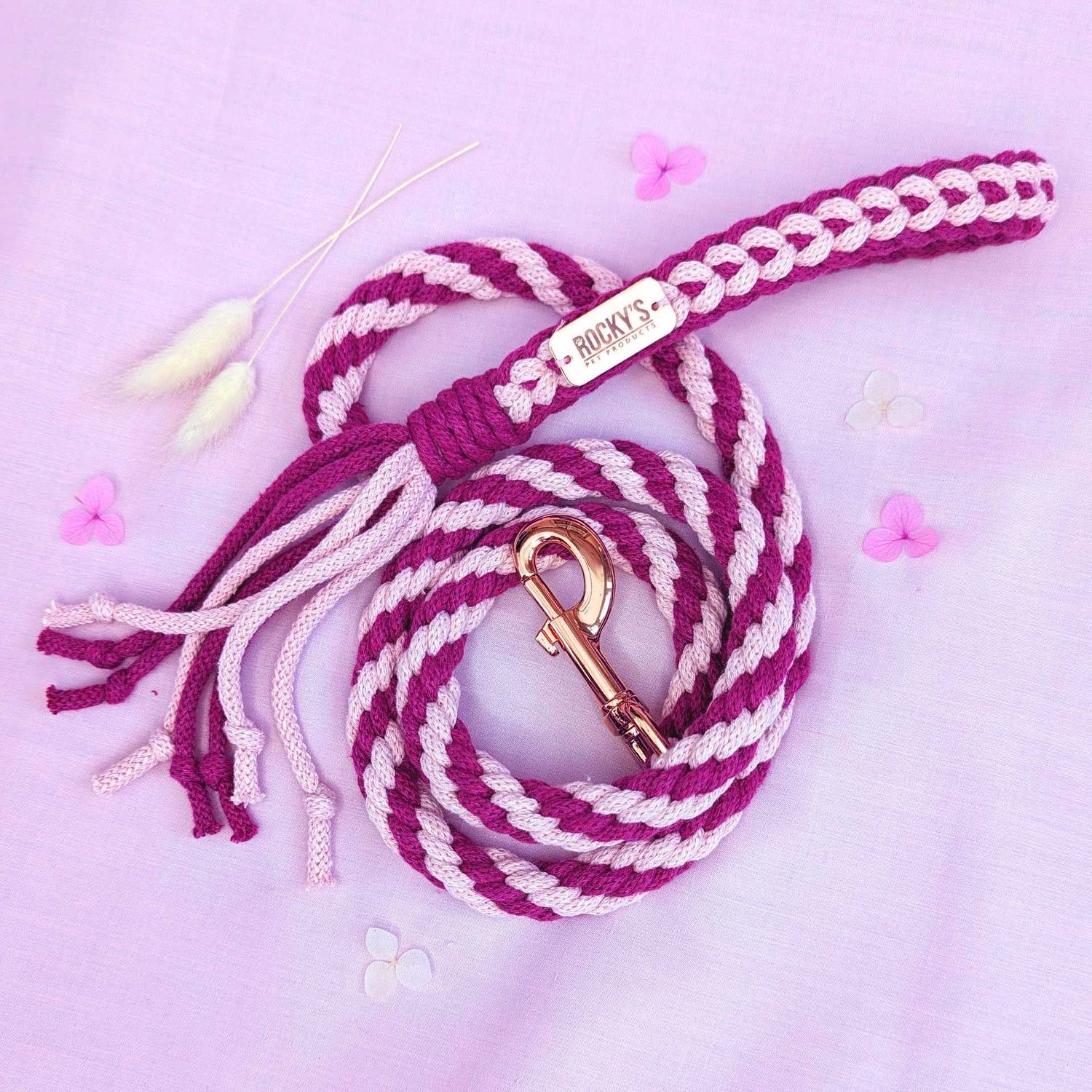 Handmade Braided Dog Lead in 2 Tone Pink