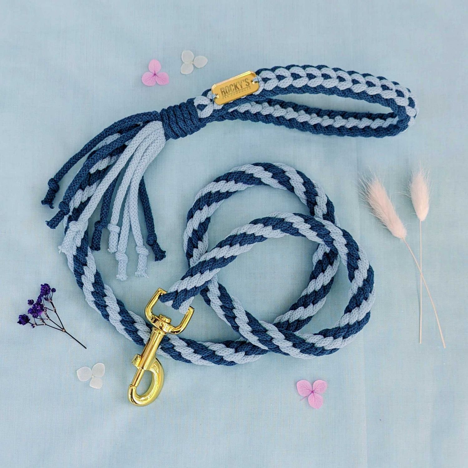 Handmade Braided Dog Lead in 2 Tone Blue
