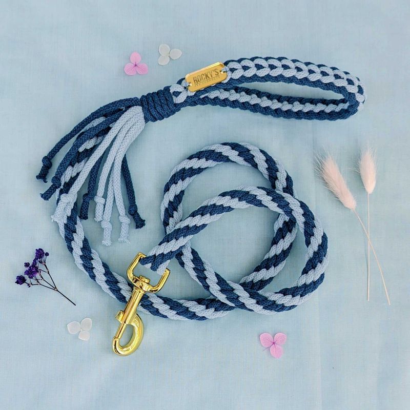 Handmade Braided Dog Lead in 2 Tone Blue