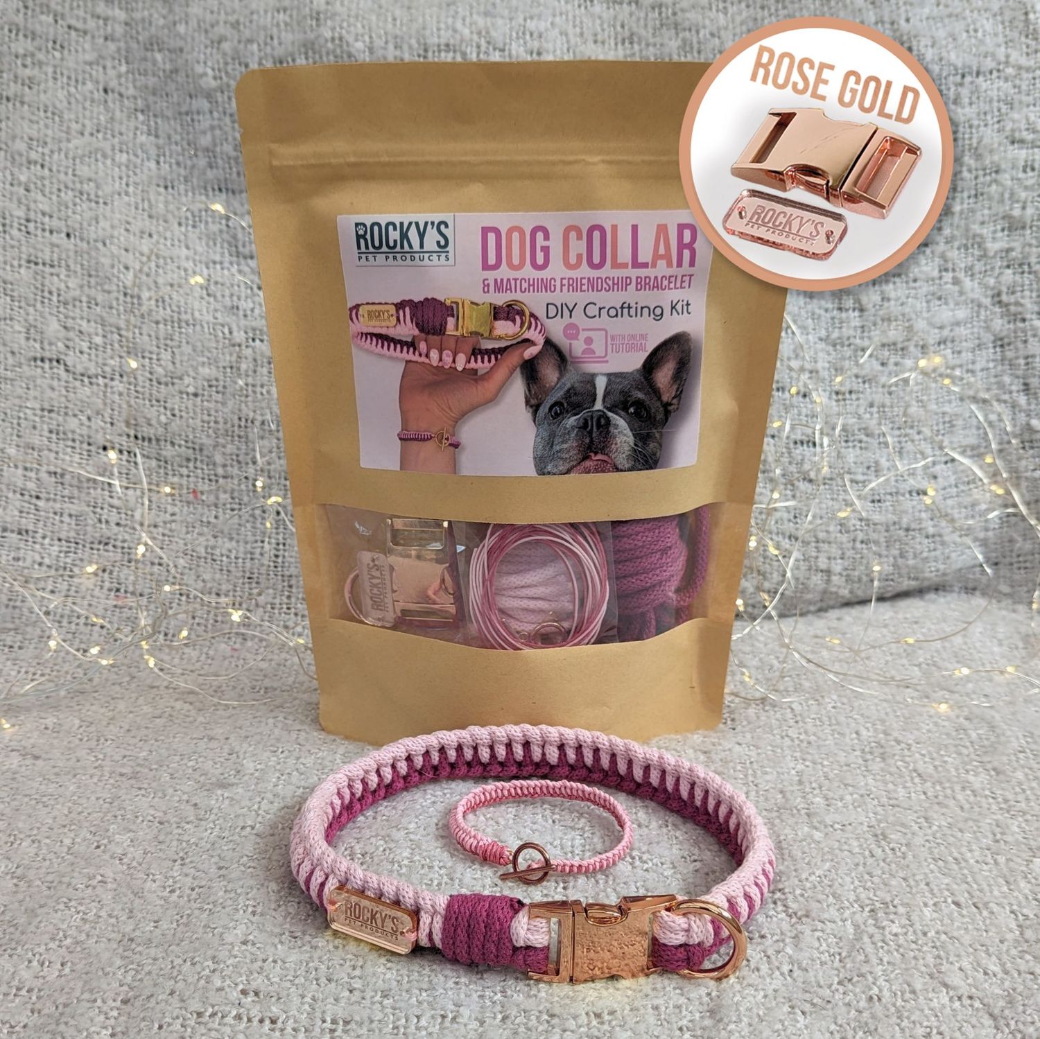 Make Your Own Macramé Dog Collar & Friendship Bracelet Craft Kit - PINK & Rose Gold