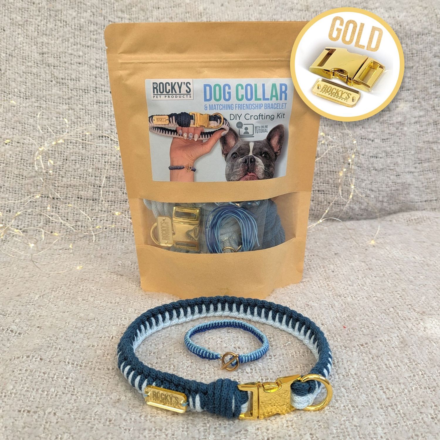 Make Your Own Dog Collar & Friendship Bracelet Craft Kit in Blue & Gold