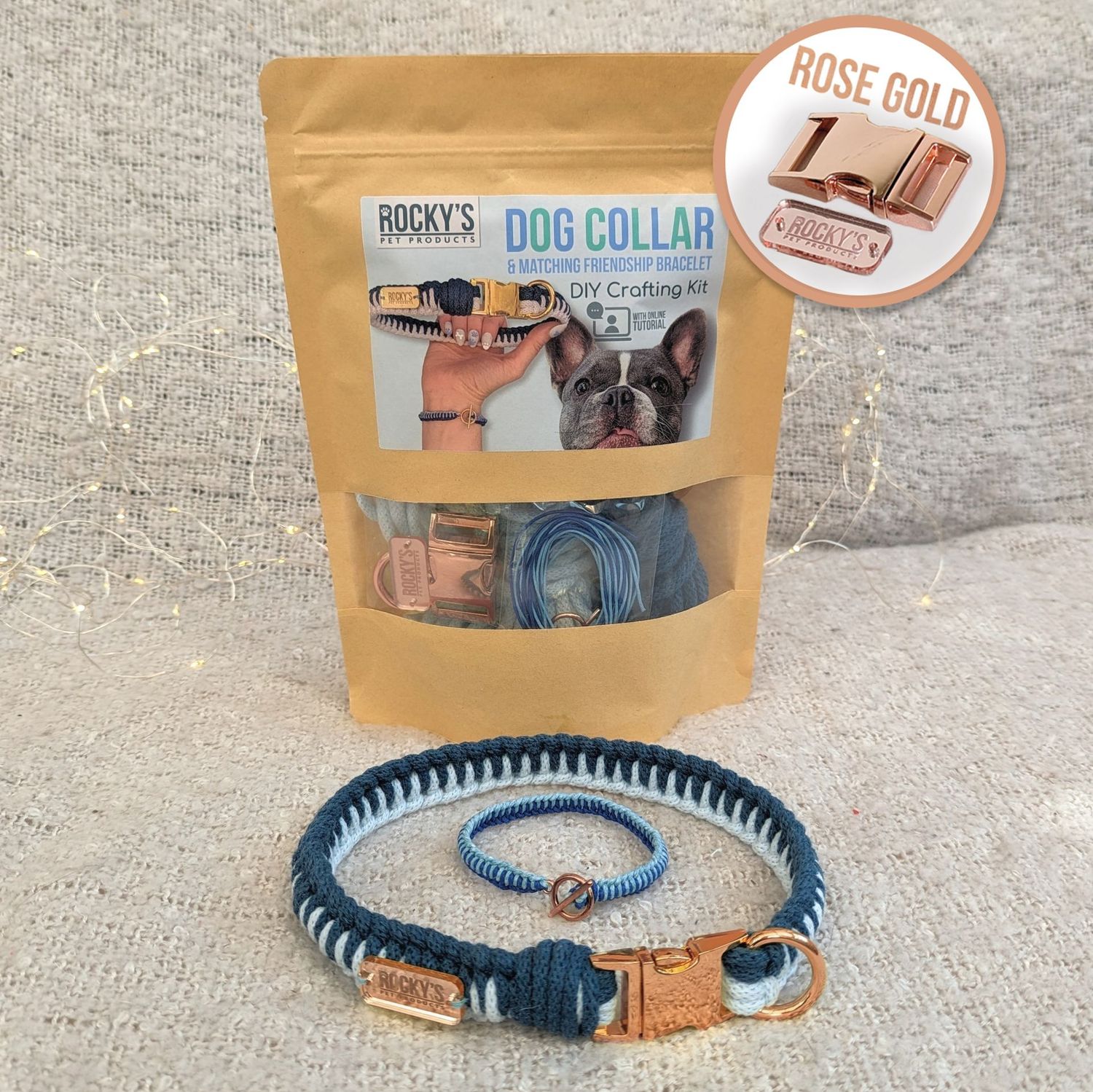Make Your Own Dog Collar & Friendship Bracelet Craft Kit in Blue & Rose Gold