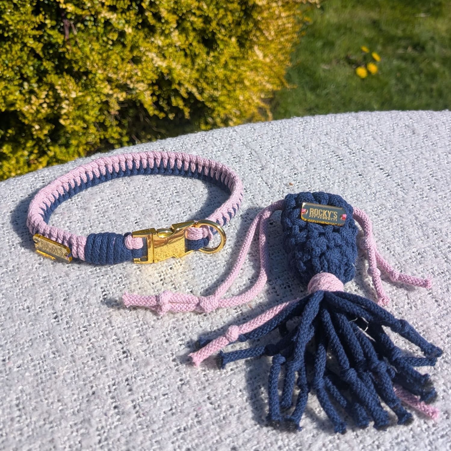 Handmade Macramé Collar & Matching Poo Bag Holder Set, Navy & Pink, Gold Hardware
