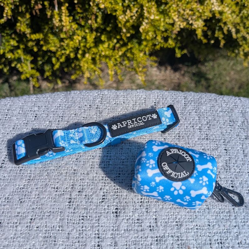 Medium Dog Collar & Matching Poo bag holder - Blue Bones and Paw Print Pattern