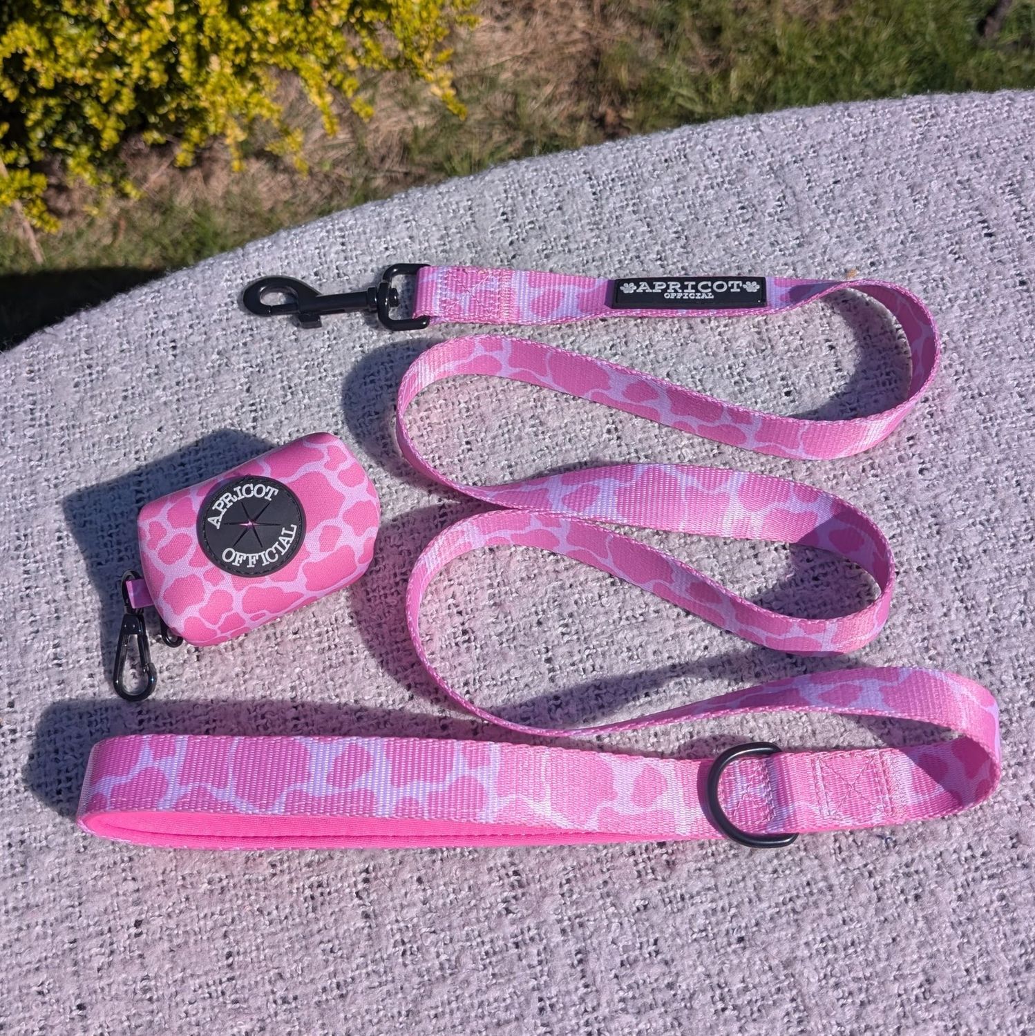 Pink Lead & matching poo bag holder cow print