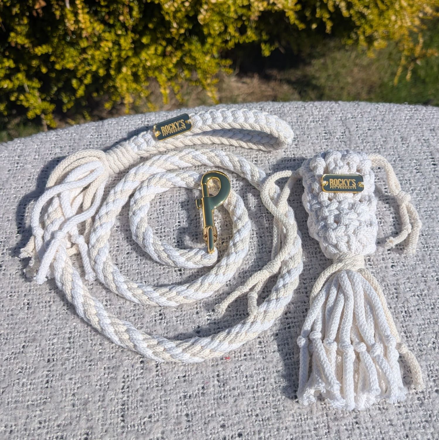 Handmade Dog Lead & Matching Poo Bag Holder - Cream & White