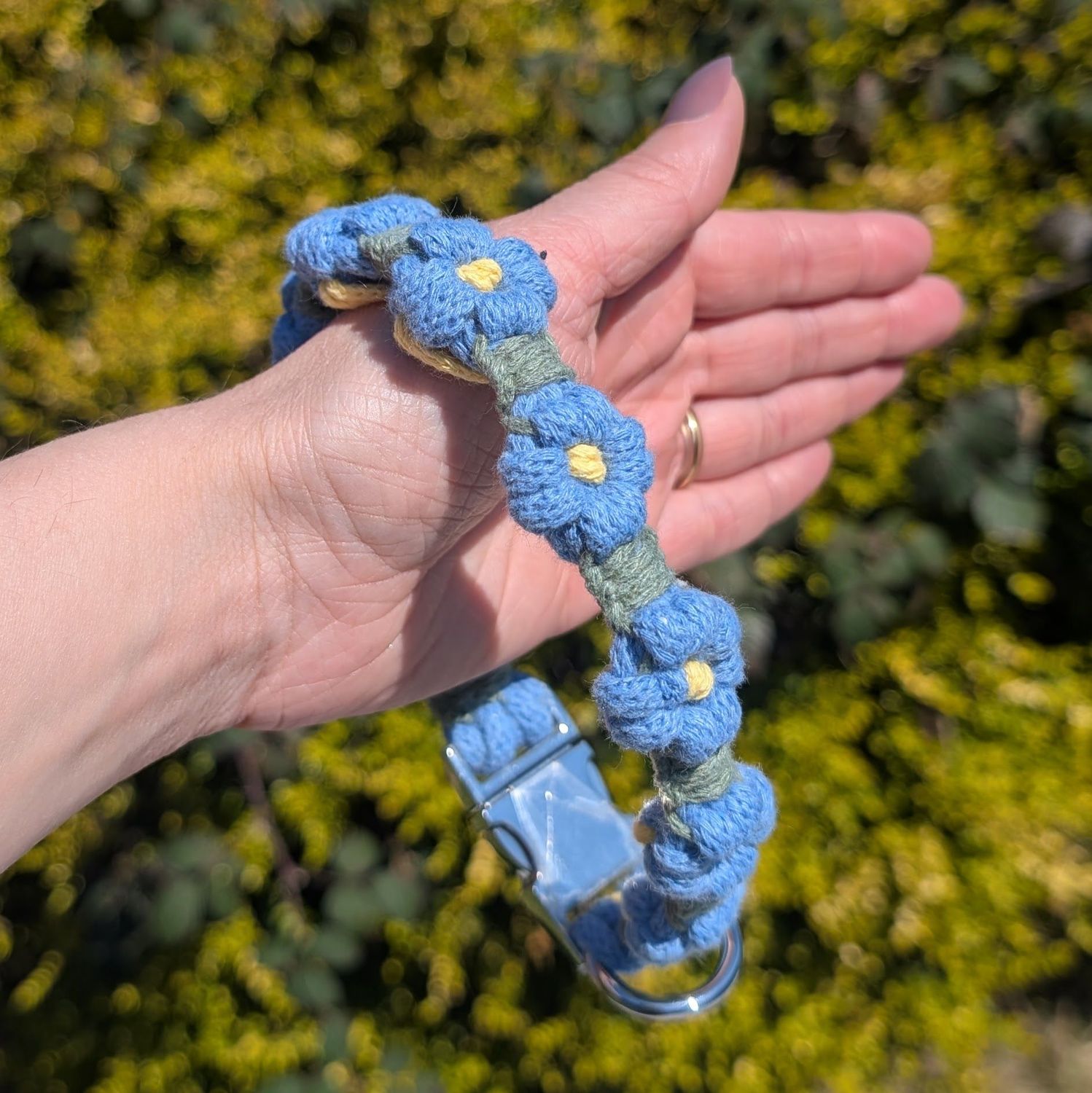 Handmade Blue Daisies Dog Collar, Silver Hardware