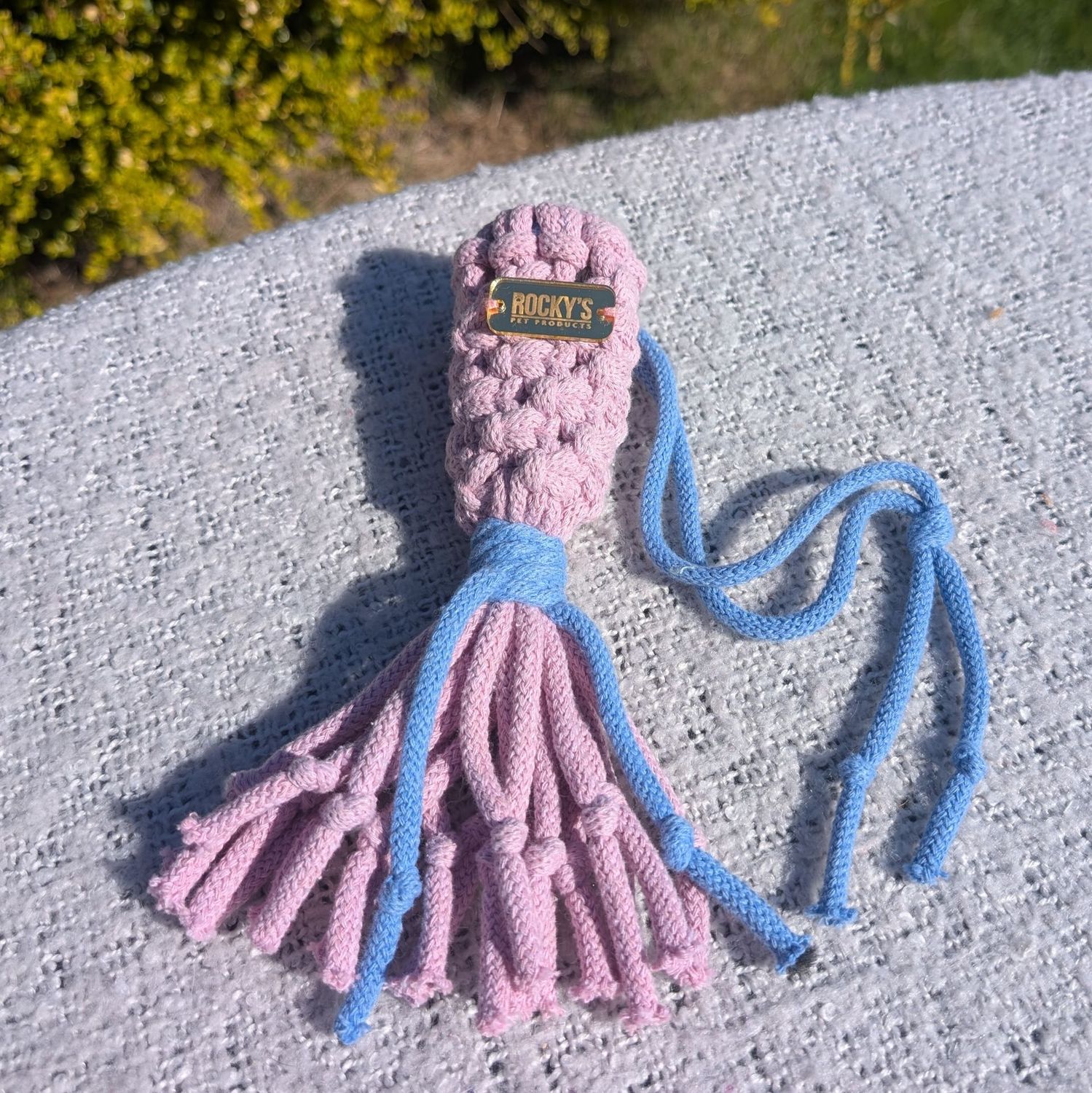Handmade  Poo Bag Holder Pink & Blue, Gold Tag