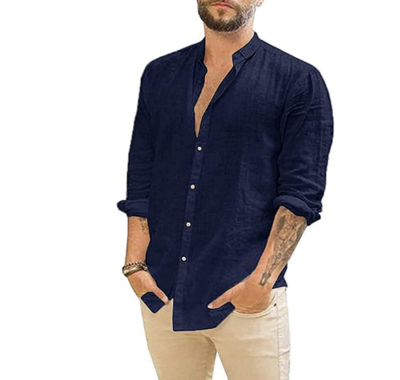 Men's Linen Cotton Shirt Casual Button Down Long Sleeve Tops Summer Beach Shirt Regular Fit Chambray Shirt Tops