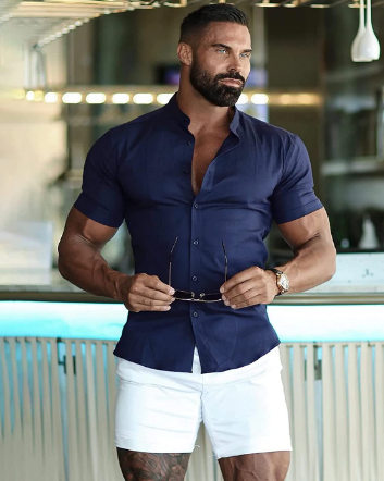 URRU Men's Muscle Dress Shirts Slim Fit Stretch Banded Collar Long&Short Sleeve Casual Button Down Shirt