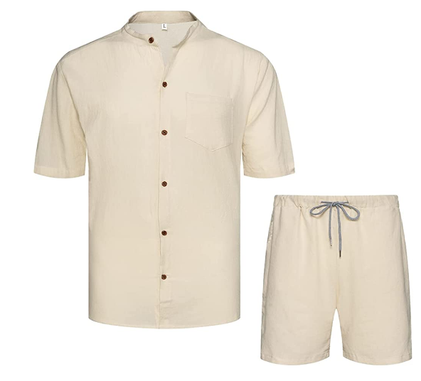 Men's Linen Sets Outfits 2 Piece Short Sleeve Button Up Shirt and Short Set Beach Outfits for Vacation