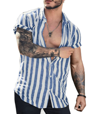 Aulemen Men's Striped Button Down Shirts Fashion Short Sleeve Cotton Linen Dress Shirts Casual Beach Yoga Shirt