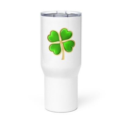 St Patrick’s Day Green Four Leaf Clover With Gold Travel Mug with a Handle 25oz