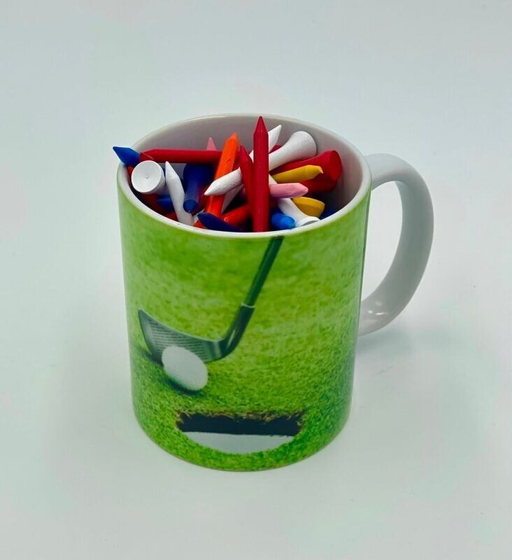 Golf Tasse Kaffeetasse mit Golf Motiv und 100 Holztees bunt 2 1/8