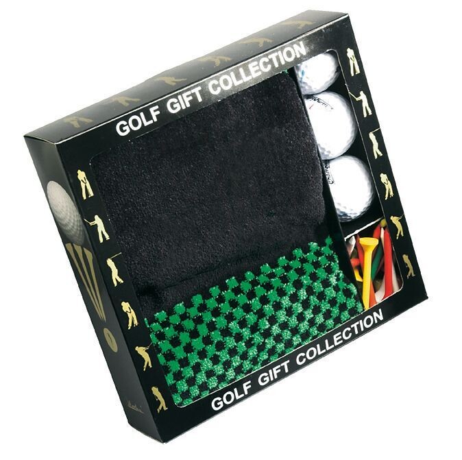 Geschenk-Set mit Golfputztuch, drei Golfbällen und Holztees