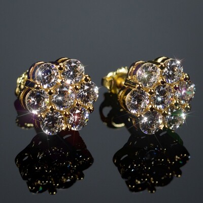 Men&#39;s Iced Flower Set Cluster Gold Sterling Silver Stud Earrings​