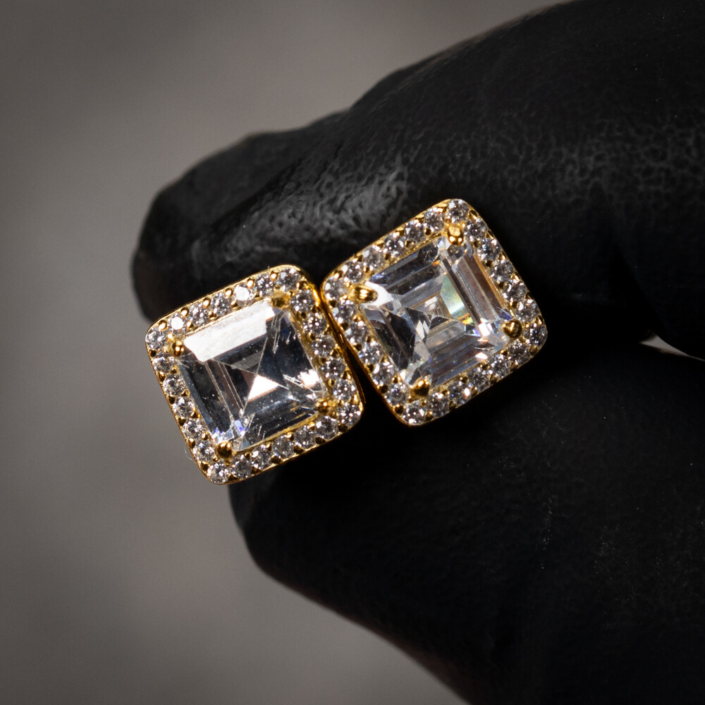 Mens Square Gold Sterling Silver Iced Emerald Cut Earrings