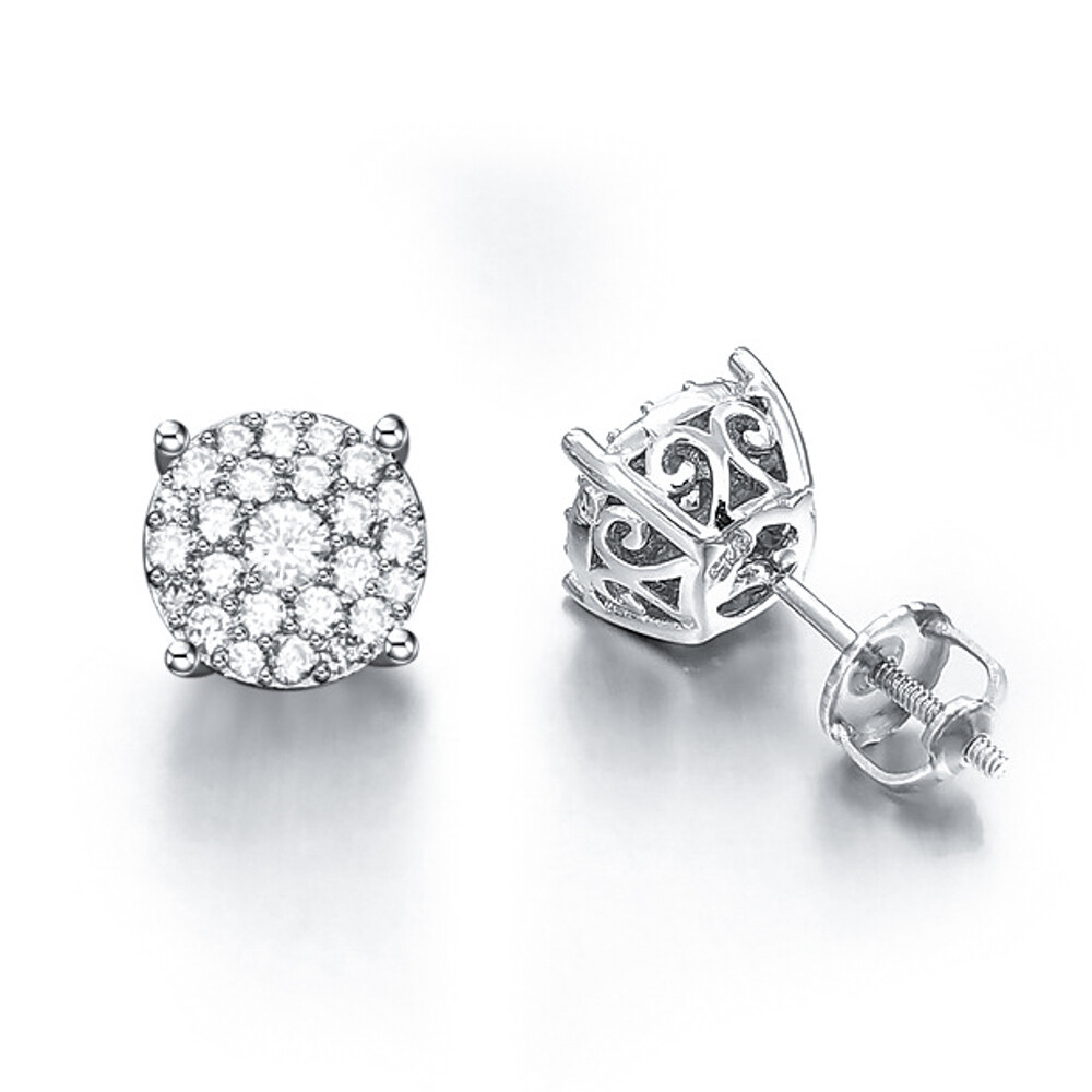 Men&#39;s White Gold Sterling Silver Round Cluster Screw Back Earrings