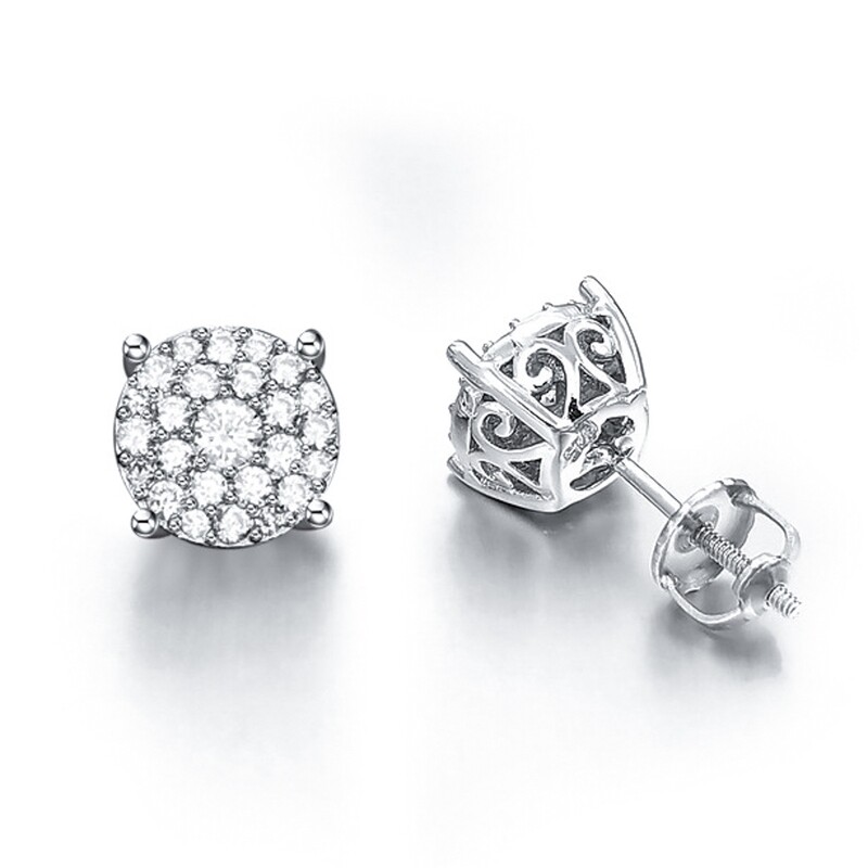 Men&#39;s White Gold Sterling Silver Round Cluster Screw Back Earrings