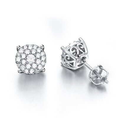 Men&#39;s White Gold Sterling Silver Round Cluster Screw Back Earrings