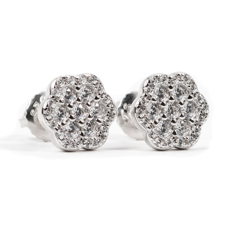 Men&#39;s Sterling Silver Iced Flower Set Cluster Stud Earrings