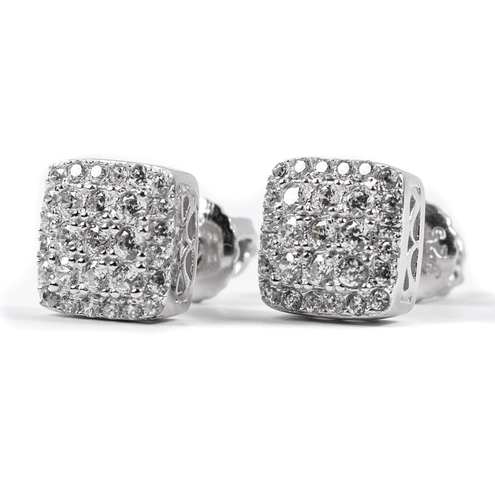 Men&#39;s Small Sterling Silver Iced Cz Square Stud Earrings