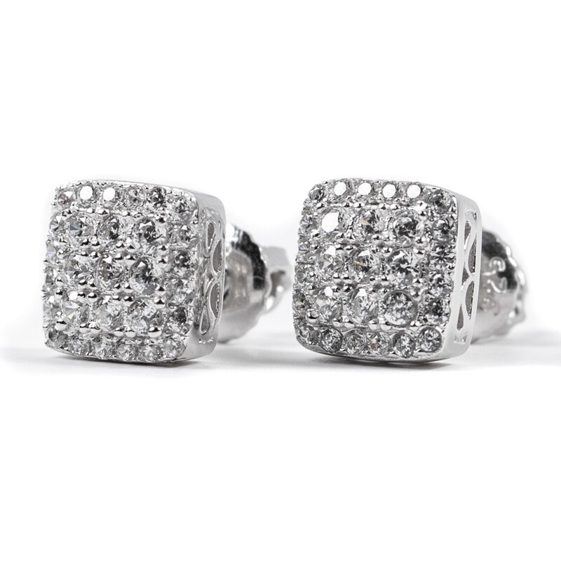 Men&#39;s Small Sterling Silver Iced Cz Square Stud Earrings