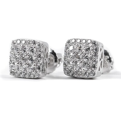 Men&#39;s Small Sterling Silver Iced Cz Square Stud Earrings