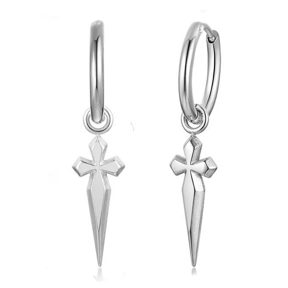 Mens Solid 925 Sterling Silver Dagger Cross Dangle Hoop Earrings